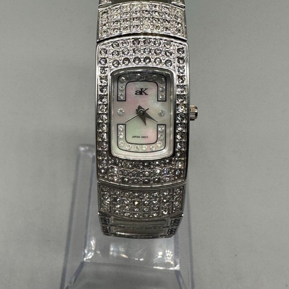 Adee Kaye Watch Women Silver Rhinestone Bracelet Mother of Pearl Dial Works 7"